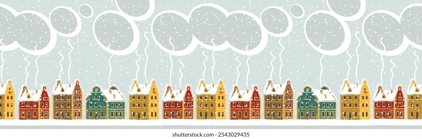 Horizontal seamless pattern. Repeatable winter landscape with cute colored houses, clouds in the sky on a snow-covered street. Decorative vector illustration in cartoon style