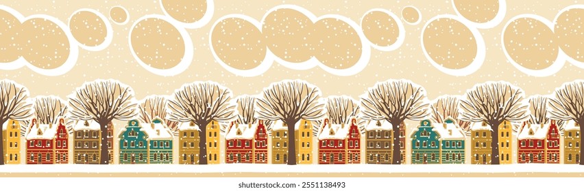 Horizontal seamless pattern. Repeatable winter landscape with cute colored houses, yellow clouds in the sky and snowy trees on a snow-covered street. Decorative vector illustration in cartoon style