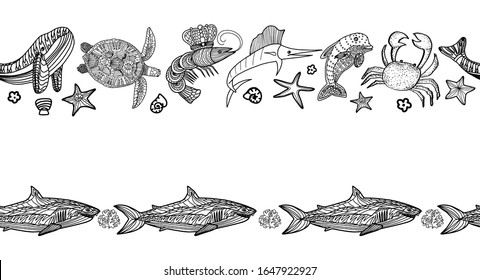Horizontal seamless pattern ribbon border with ocean animals in doodle style isolated on white background.Vector outline illustration.Menu restaurant,textile,print. Coloring page.World Oceans Day.
