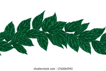 Horizontal seamless pattern ribbon with green leaves. Hand-drawn with effect of watercolor. design element border background greeting cards and invitations seasonal autumn, spring, summer holidays.