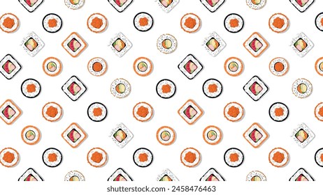 Horizontal seamless pattern with rolls on white background. Asian Japanese cuisine concept. Print on paper, textile. Vector