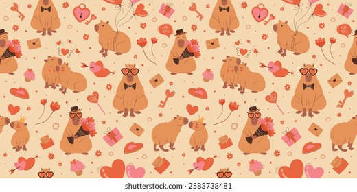 Horizontal Seamless Pattern With Romantic Cute Capybaras. Flat Design for Valentine's Day. Perfect for greeting cards, prints, textiles, gift wrapping. Vector