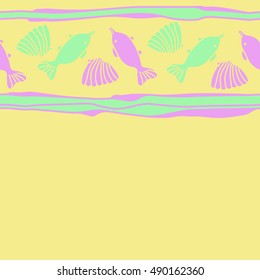 Horizontal seamless pattern of sea motif, stripes. Hand drawn.