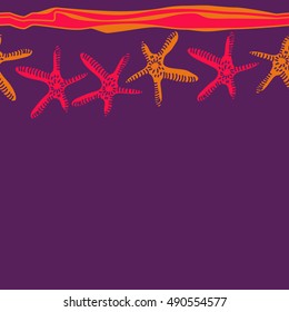 Horizontal seamless pattern of sea motif, stripes. Hand drawn.