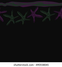 Horizontal seamless pattern of sea motif, stripes. Hand drawn.