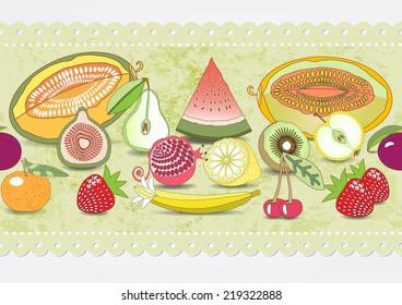 horizontal seamless pattern set fruit with realistic shadow.vector illustration