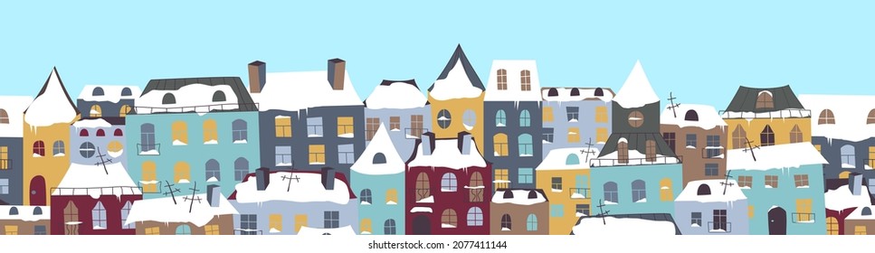 Patrón horizontal sin costuras con casas de nieve. Ciudad de invierno. Ventanas coloridas, techos y puertas de los edificios. Diseño para marcos o bordes. Ilustración vectorial en estilo doodle