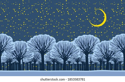 Horizontal seamless pattern with snowy trees. Repeatable winter landscape at night with snow-covered park, grove or forest and crescent in the sky. Vector illustration in cartoon style