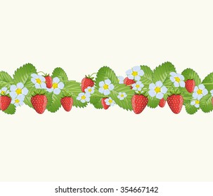 Horizontal seamless pattern "Strawberries and flowers". Can be used on different package paper, wrapping, as background, phones covers and etc. Vector.