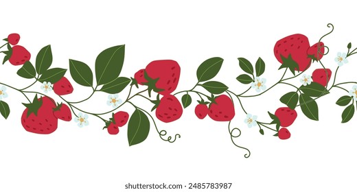 Horizontal Seamless pattern of strawberry branch. Floral print. Sketch fresh juicy berries with leaves and flowers. Hand drawn fruit. Vector cartoon minimalistic style illustration. Doodle pattern