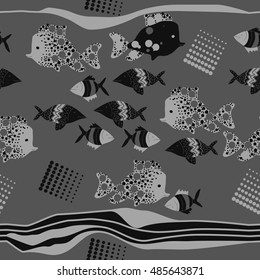 Horizontal seamless  pattern of  stylized  sea motif, striped . Hand drawn.