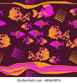 Horizontal seamless  pattern of  stylized  sea motif, striped . Hand drawn.