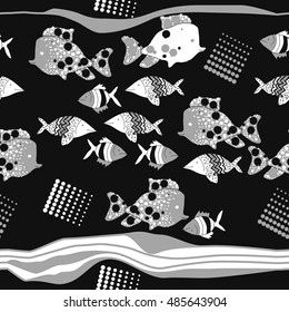 Horizontal seamless  pattern of  stylized  sea motif, striped . Hand drawn.