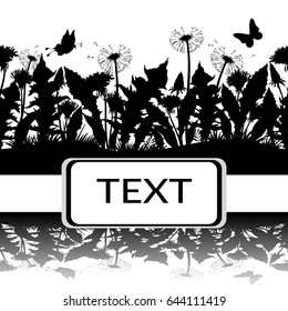 Horizontal Seamless Pattern, Summer Landscape, Butterflies, Grass, Leaves and Flowers Dandelions Black Silhouettes and Reflection in Water or Shadow, Isolated on White Background. Vector