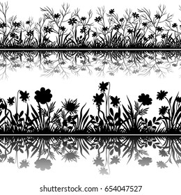 Horizontal Seamless Pattern, Summer and Spring Landscape, Flowers and Grass Silhouettes and Reflection in Water or Shadow, Isolated on White Background. Vector