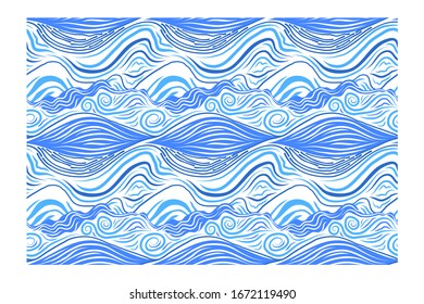 Horizontal seamless pattern of surging waves of various types of line. Design for backdrops with sea, rivers or water texture. Repeating texture. Figure for textiles. Print for the cover of the book.