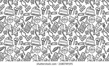 Horizontal seamless pattern with sweets. Doodle vector with sweets icons on white background. Vintage sweets illustration