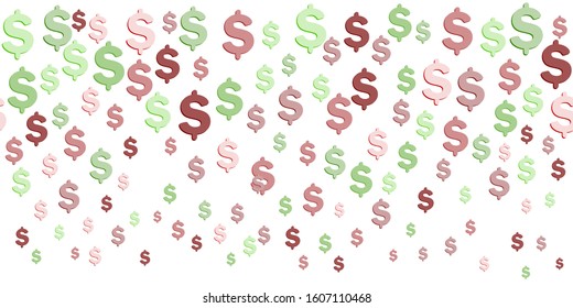 Horizontal Seamless Pattern of the symbols of dollar currency on white.  Green, red vector background with signs of dollars. The pattern can be used for your ad, poster, banner of USD money. 