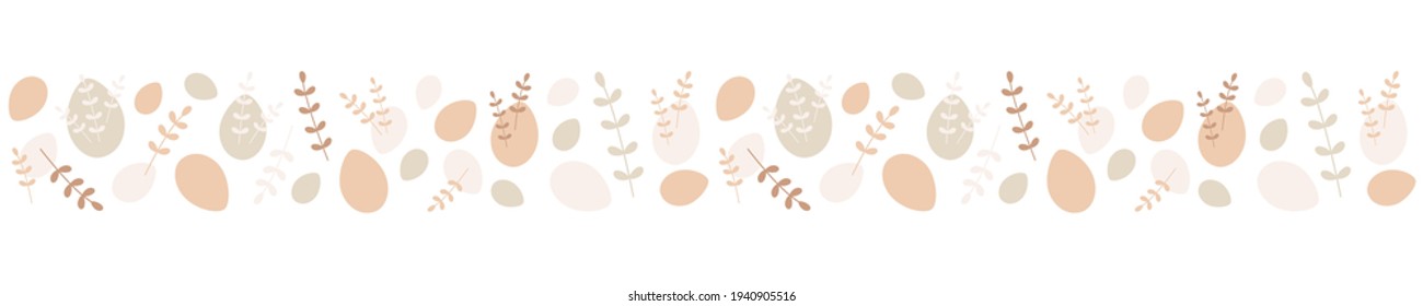 Horizontal seamless pattern tape with flat eggs and branches. Vector illustration for Easter holiday in natural pastel beige colors for footer, header, frames. Good for textiles, banners, wallpaper