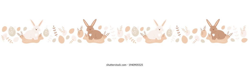 Horizontal seamless pattern tape with flat eggs, branches, cute bunny. Vector illustration for the Easter holiday in natural pastel colors. Rabbit sitting on the ground.