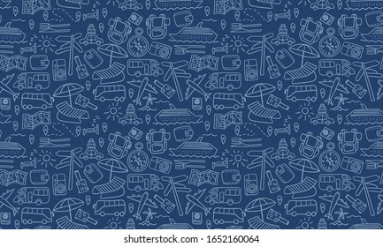 Horizontal seamless pattern with travel doodles. Dark vacation background. Vector illustration.