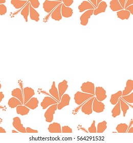 Horizontal seamless pattern with tropical flowers in watercolor style with copy space (place for your text). Vector hibiscus flowers in orange colors on a white background.