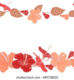 Horizontal seamless pattern with tropical flowers in watercolor style with copy space (place for your text). Vector hibiscus flowers in orange and red colors on a white background.