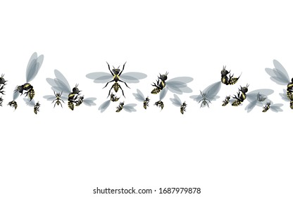 horizontal seamless pattern with wasps on a white background