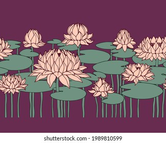 patrón horizontal sin costuras, flores y hojas de lirio de agua, para adornos, marcos y bordes decorativos, ilustración vectorial con líneas de contorno sobre un fondo morado en dibujos animados y estilo dibujado a mano