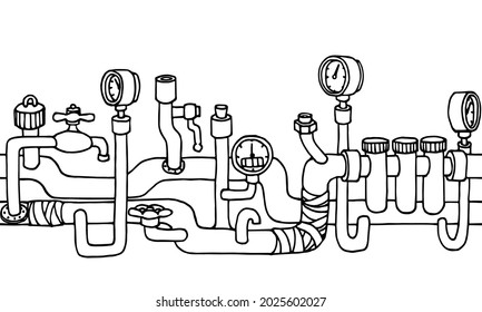 horizontal seamless pattern, water supply system in a house with pipes, valves, frame or border, vector illustration with black lines isolated on a white background in a cartoon and hand drawn style