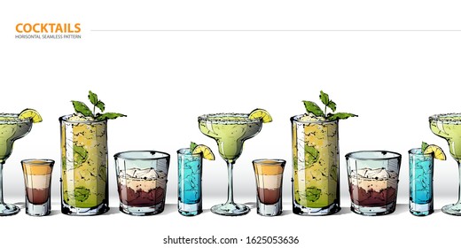 Horizontal seamless pattern whit handdrawn cocktails.