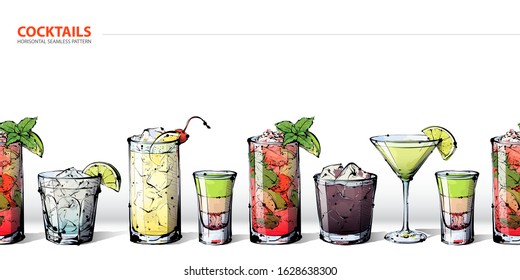 Horizontal seamless pattern whit handdrawn cocktails.