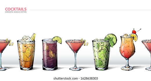 Horizontal seamless pattern whit hand-drawn cocktails.