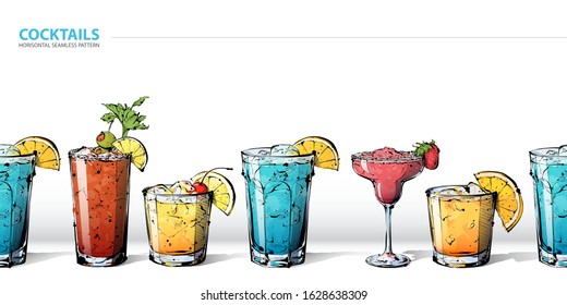 Horizontal seamless pattern whit handdrawn cocktails.