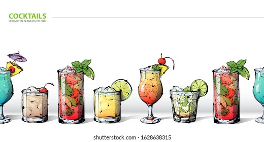 Horizontal seamless pattern whit hand-drawn cocktails.