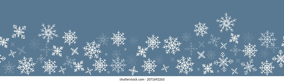 Horizontal seamless pattern with white snowflakes on a blue background. Design for frames or borders. Vector illustration in flat style