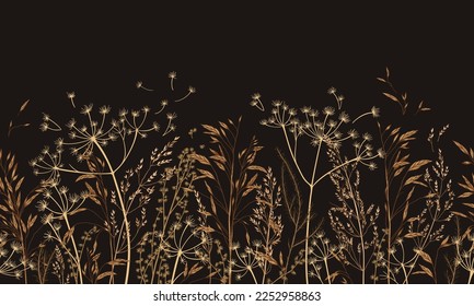 Horizontal seamless pattern with wild and dry grass. Dark background. Earth color. Engraving. Vector botanical illustration. Ornament for wallpaper, card, border, banner. Hand-drawn field. 
