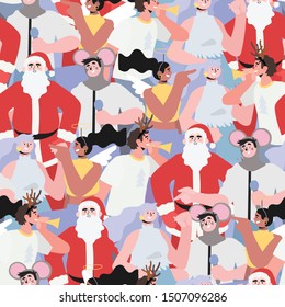 Horizontal seamless pattern for wrapping paper, textile, fabric print, wallpaper, covers and other decor textures and backgrounds with people on a christmas or new year costume party with Santa Claus.