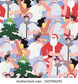Horizontal seamless pattern for wrapping paper, textile, fabric print, wallpaper, covers and other decor textures and backgrounds with people on a christmas or new year costume party with Santa Claus.