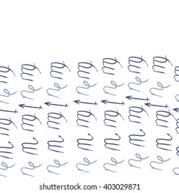Horizontal seamless pattern of zodiac signs motif,sagittarius,virgo, capricorn, scorpio, object, copy space. Hand drawn.