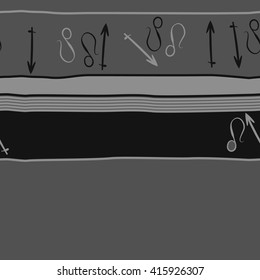 Horizontal seamless  pattern of zodiac signs, doodles, object,sagittarius,lions, stripes,spots, copy space. Hand drawn.