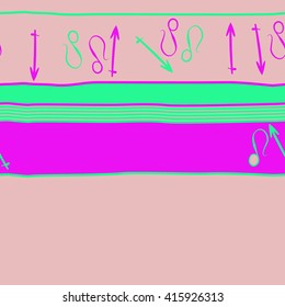 Horizontal seamless  pattern of zodiac signs, doodles, object,sagittarius,lions, stripes,spots, copy space. Hand drawn.