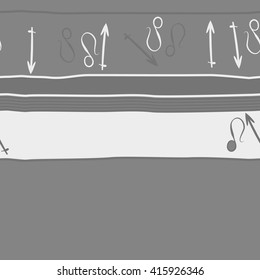 Horizontal seamless  pattern of zodiac signs, doodles, object,sagittarius,lions, stripes,spots, copy space. Hand drawn.