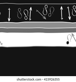 Horizontal seamless  pattern of zodiac signs, doodles, object,sagittarius,lions, stripes,spots, copy space. Hand drawn.