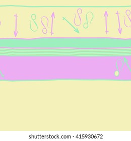 Horizontal seamless  pattern of zodiac signs, doodles, object,sagittarius,lions, stripes,spots, copy space. Hand drawn.