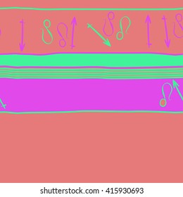 Horizontal seamless  pattern of zodiac signs, doodles, object,sagittarius,lions, stripes,spots, copy space. Hand drawn.