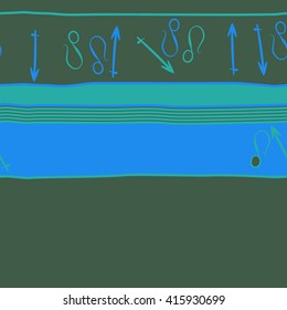 Horizontal seamless  pattern of zodiac signs, doodles, object,sagittarius,lions, stripes,spots, copy space. Hand drawn.