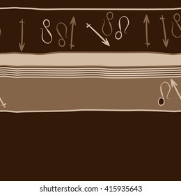 Horizontal seamless  pattern of zodiac signs, doodles, object,sagittarius,lions, stripes,spots, copy space. Hand drawn.