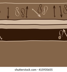 Horizontal seamless  pattern of zodiac signs, doodles, object,sagittarius,lions, stripes,spots, copy space. Hand drawn.