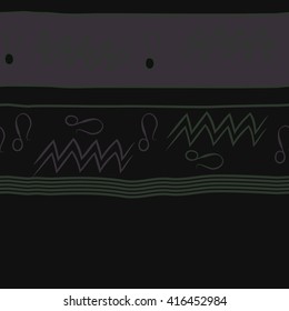 Horizontal seamless pattern of zodiac signs, doodles, object,aquarius,lions, zigzag,stripes, copy space. Hand drawn.